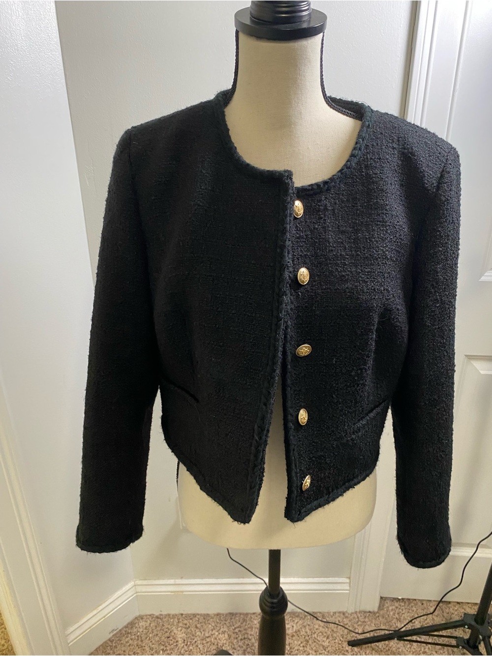 J. Crew Black Bouclé Gold Button Wool Blend Cropped Jacket - Picture 2 of 10
